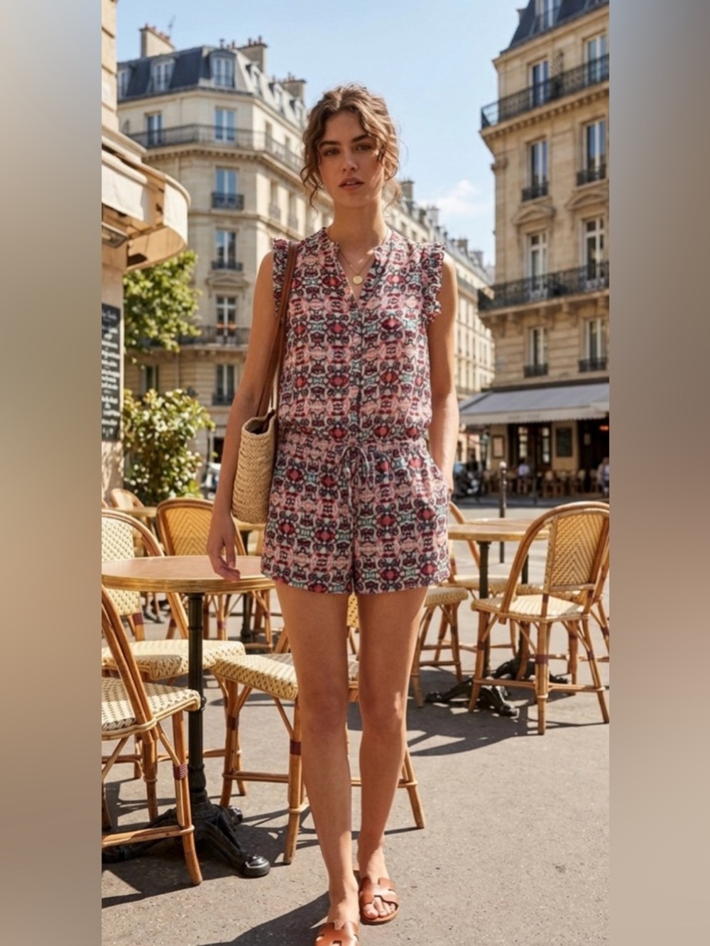 MAISON SCOTCH Geometric Ruffle Sleeveless Romper Size 1 Small Pink